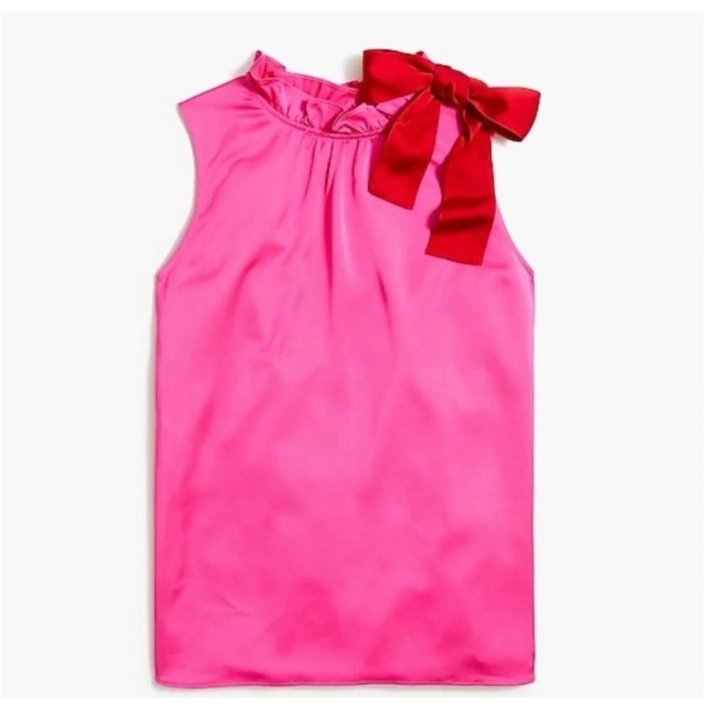 J.Crew‎ Satin Bow-Neck Sleeveless Top Ruffle Mock Neck Pink Large